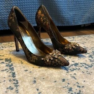 Ivanka Trump Brocade Black and Gold Heels with Stones size 7.5